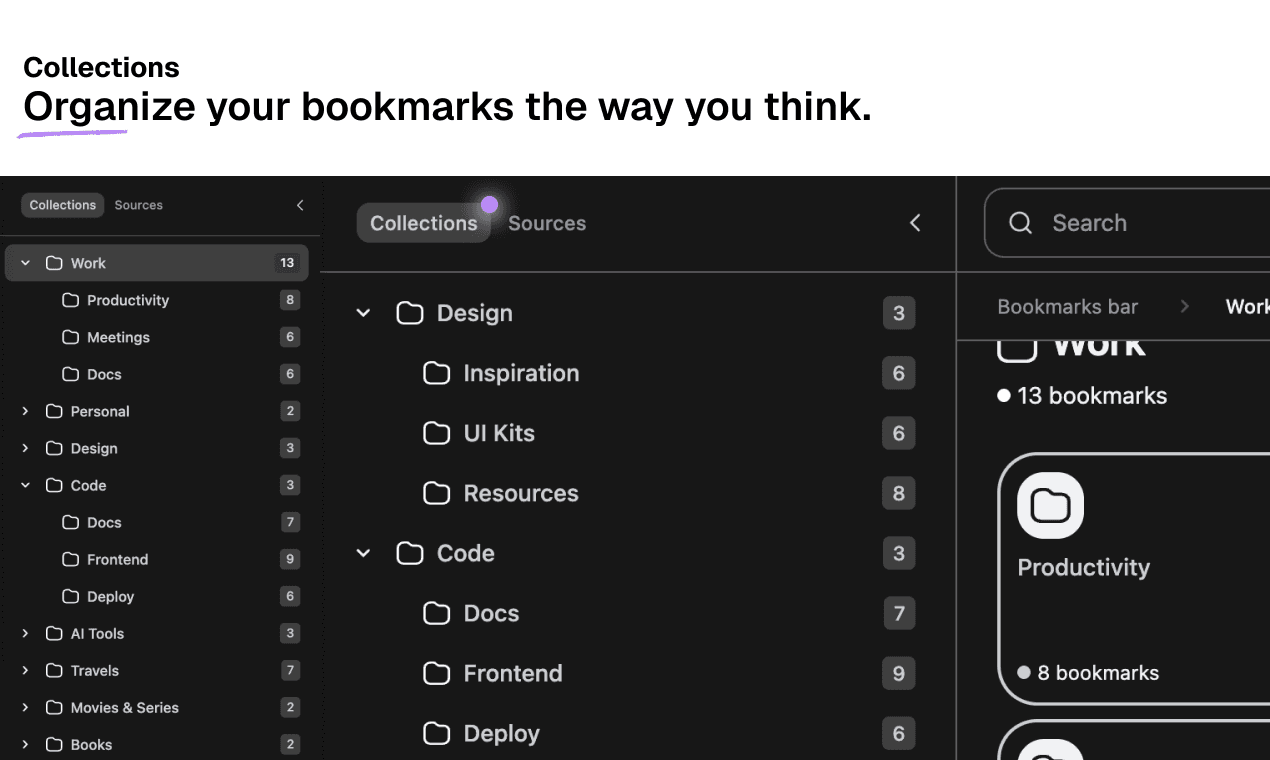 Bookmash Collections view, showing bookmarks grouped into folders such as Design, Code and Work without changing the browser's own folder structure