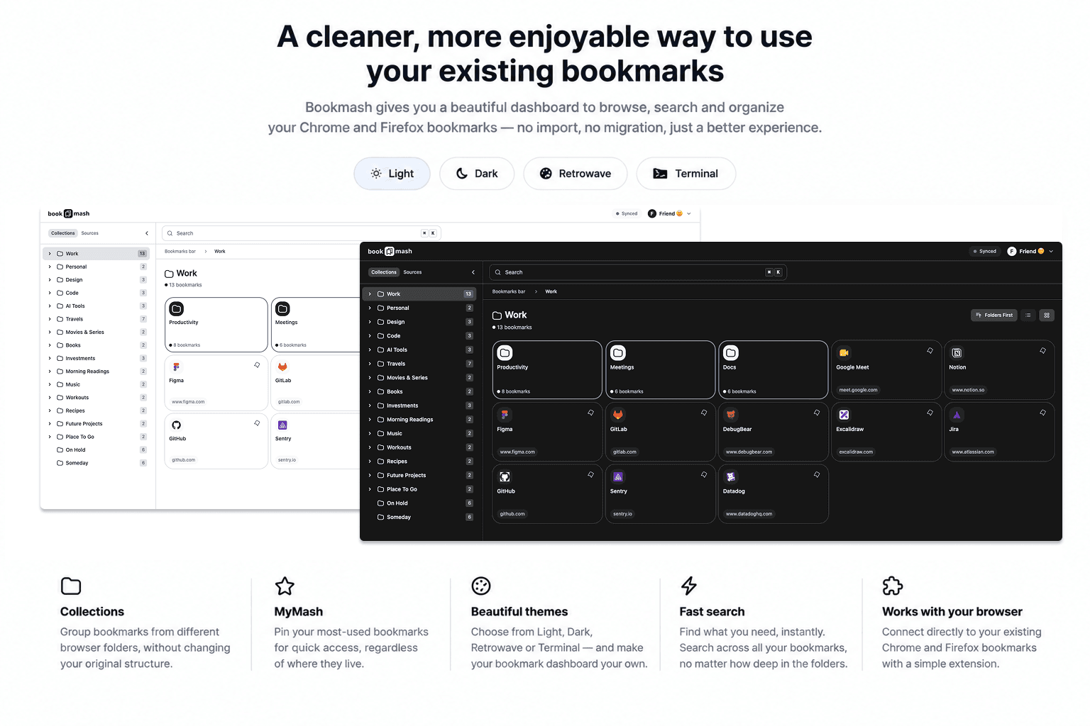 The Bookmash dashboard in Light and Dark themes, showing folders and bookmarks in the main view
