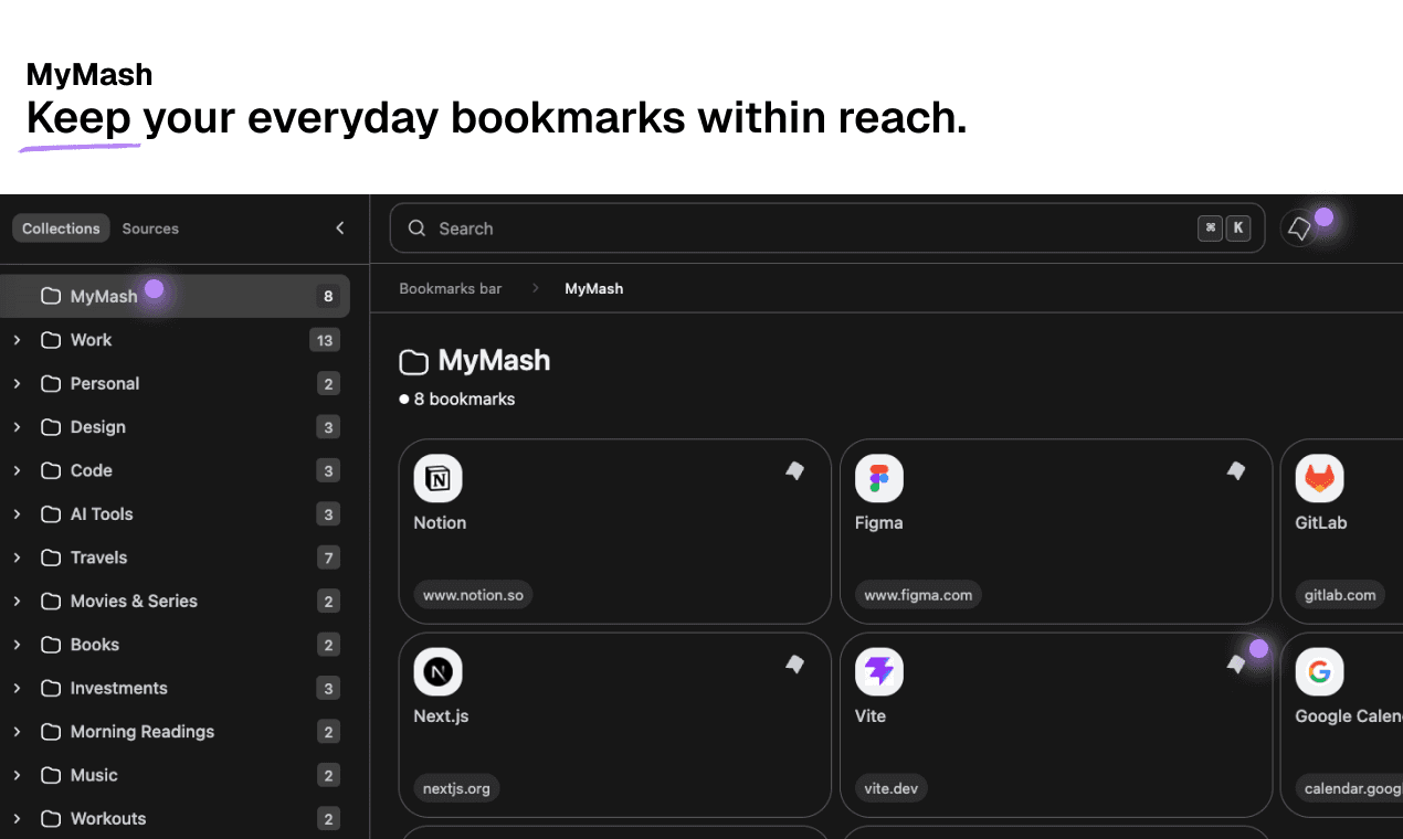 Bookmash MyMash folder, showing starred bookmarks like Notion, Figma and GitLab pinned together for one-click access