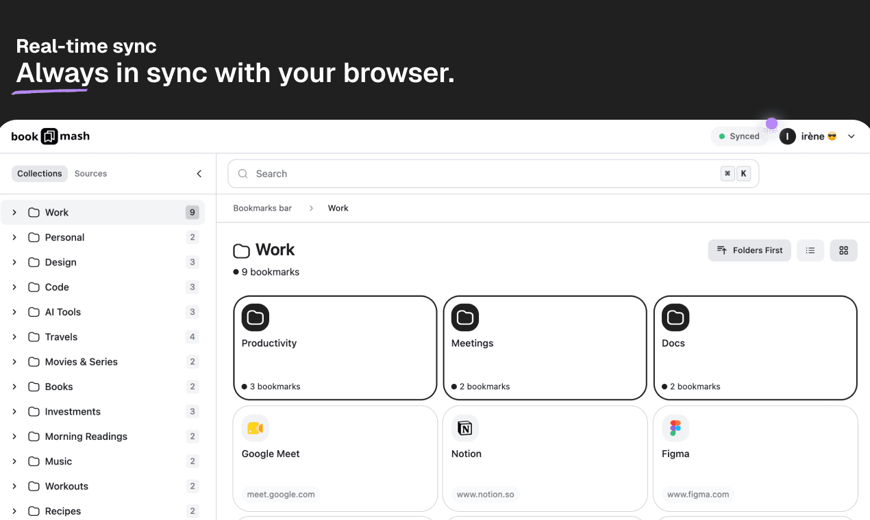 The Bookmash dashboard staying in sync with the browser's bookmarks in real time