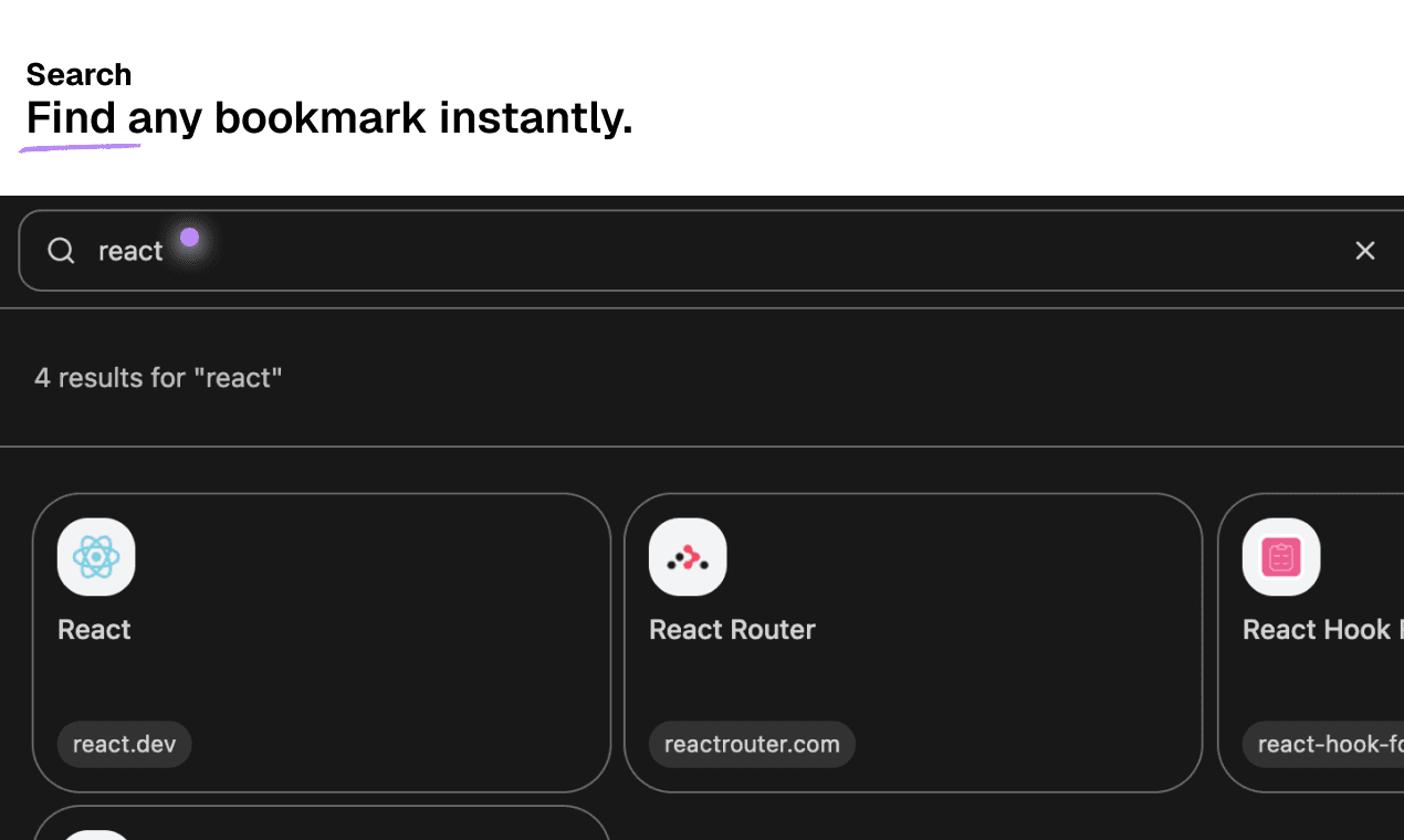 Bookmash search results for "react", showing matching bookmarks like React, React Router and React Hook Form