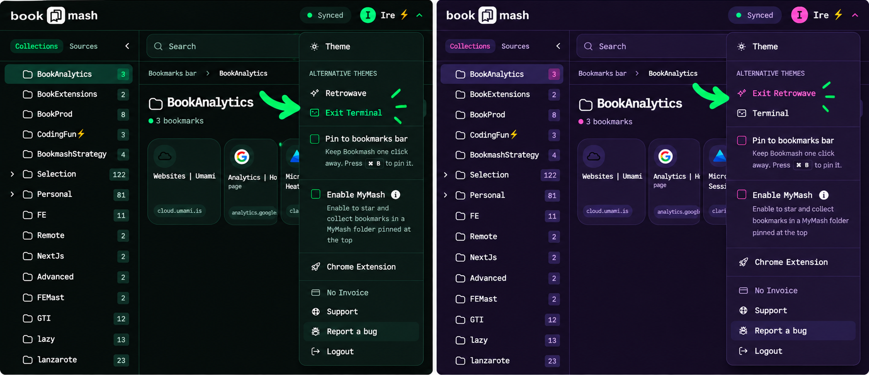 Retrowave and Terminal theme previews